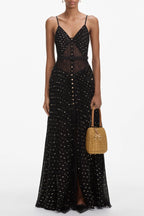 Lace Dot Belted Pleated Maxi Dress Flowering Girl