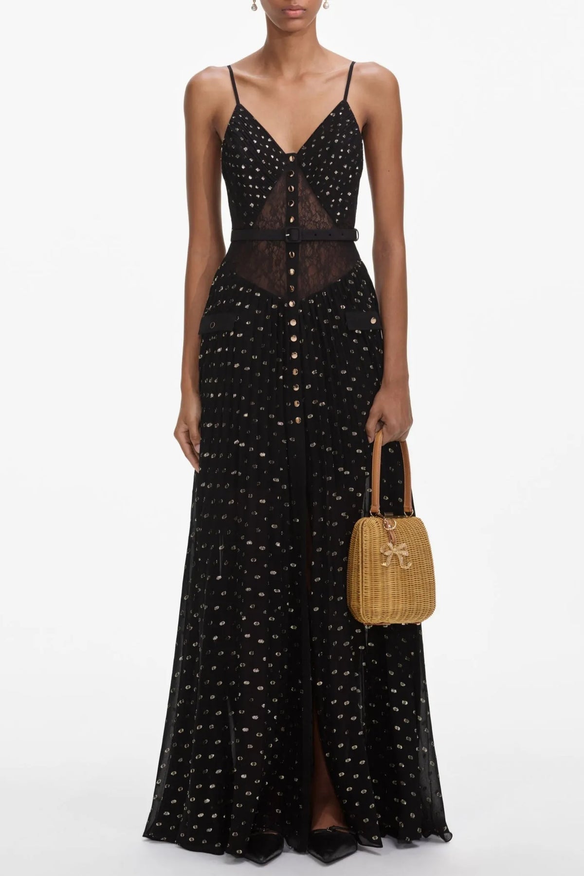 Lace Dot Belted Pleated Maxi Dress Flowering Girl