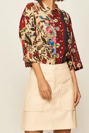 Multicolor Folk Floral Print Three-Quarter Sleeve Button-Down Shirt Flowering Girl