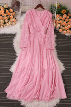 Lace Splicing Long Sleeve Midi Dress Flowering Girl