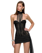 Leila Strapless Corset Mini Dress With Ribbon In Black Flowering Girl