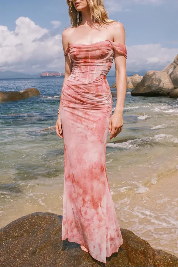 Sylvia Pink Off-Shoulder Pleated Gradient-Dyed Maxi Dress Flowering Girl