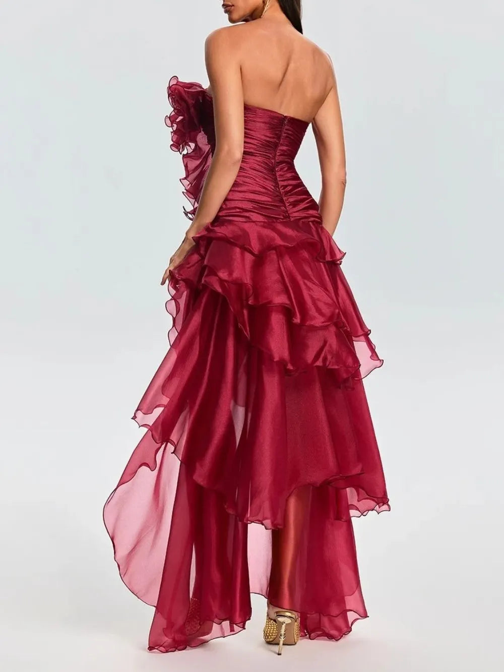 Quorvia Red Strapless Ruched Maxi Dress Flowering Girl
