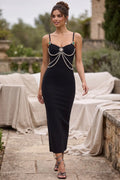 Black Heavy Knit Bandage Bodycon Midi Dress Flowering Girl