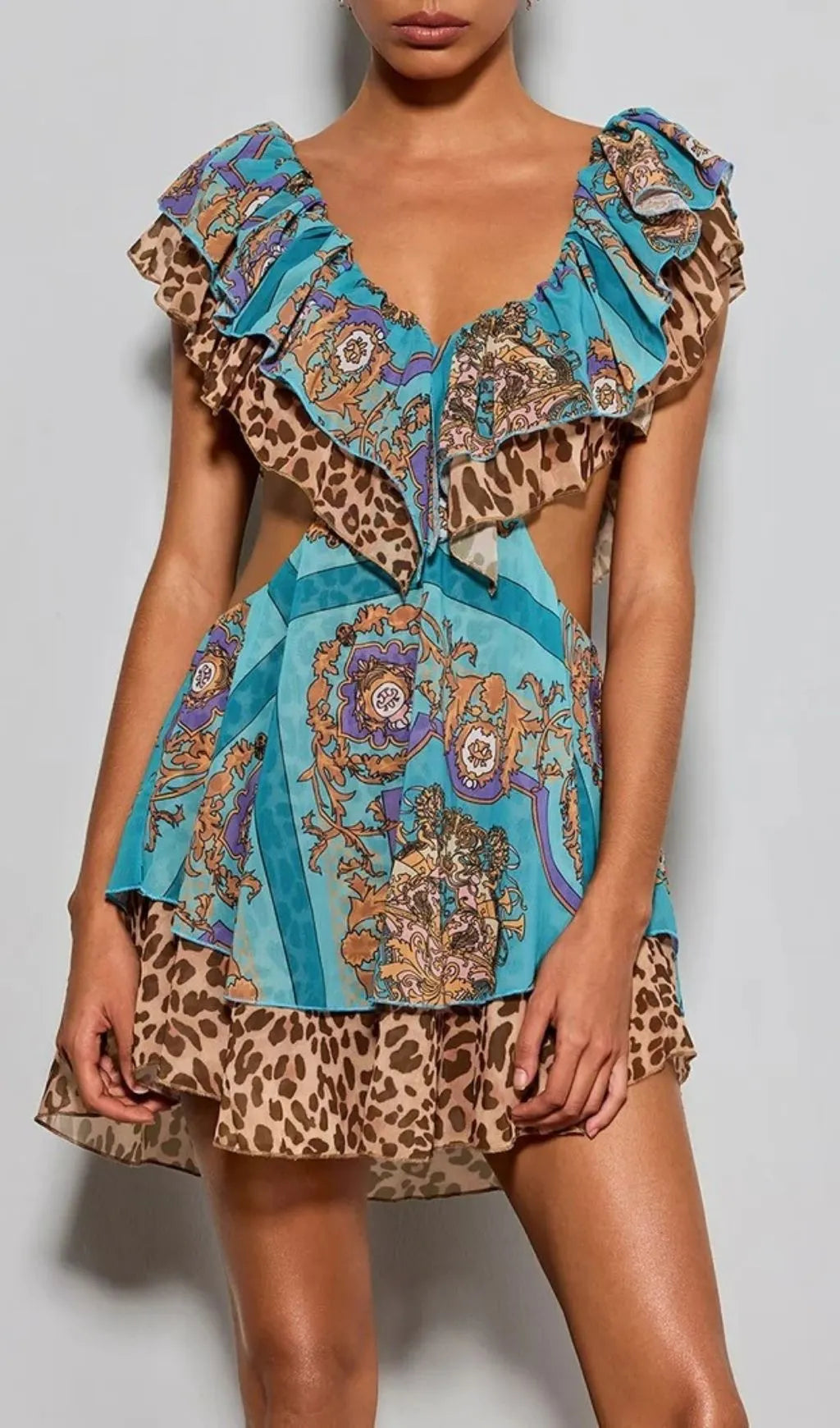 Eshana V Neck Cutout Printed Mini Dress Flowering Girl