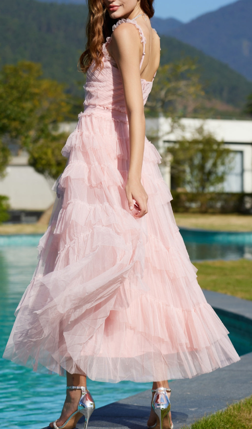 Pink Ruffle V Neck Sleeveless Tiered Tulle Maxi Dress Flowering Girl