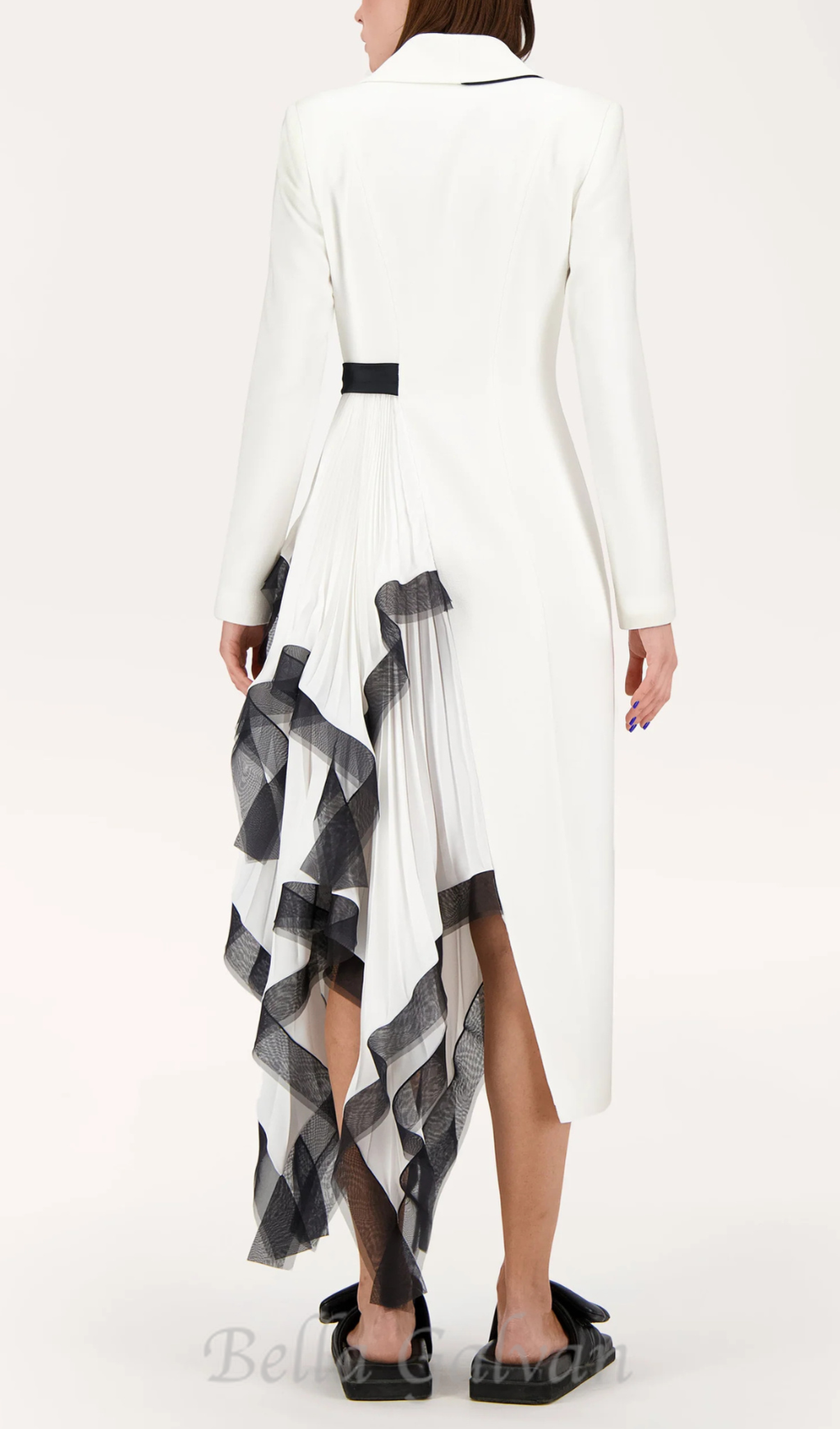 Asymmetric pleated ruffle trim blazer dress in white Flowering Girl