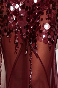 Burgundy Sequined Mesh Sheath with Flared Sheer Lower Skirt Evening Dress Flowering Girl