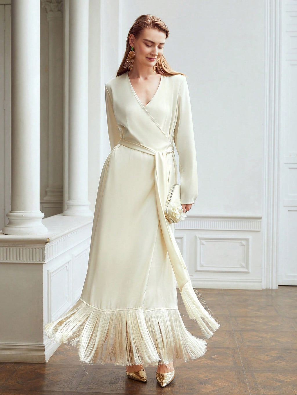 Belted Satin Fringe-Hem Dress Flowering Girl