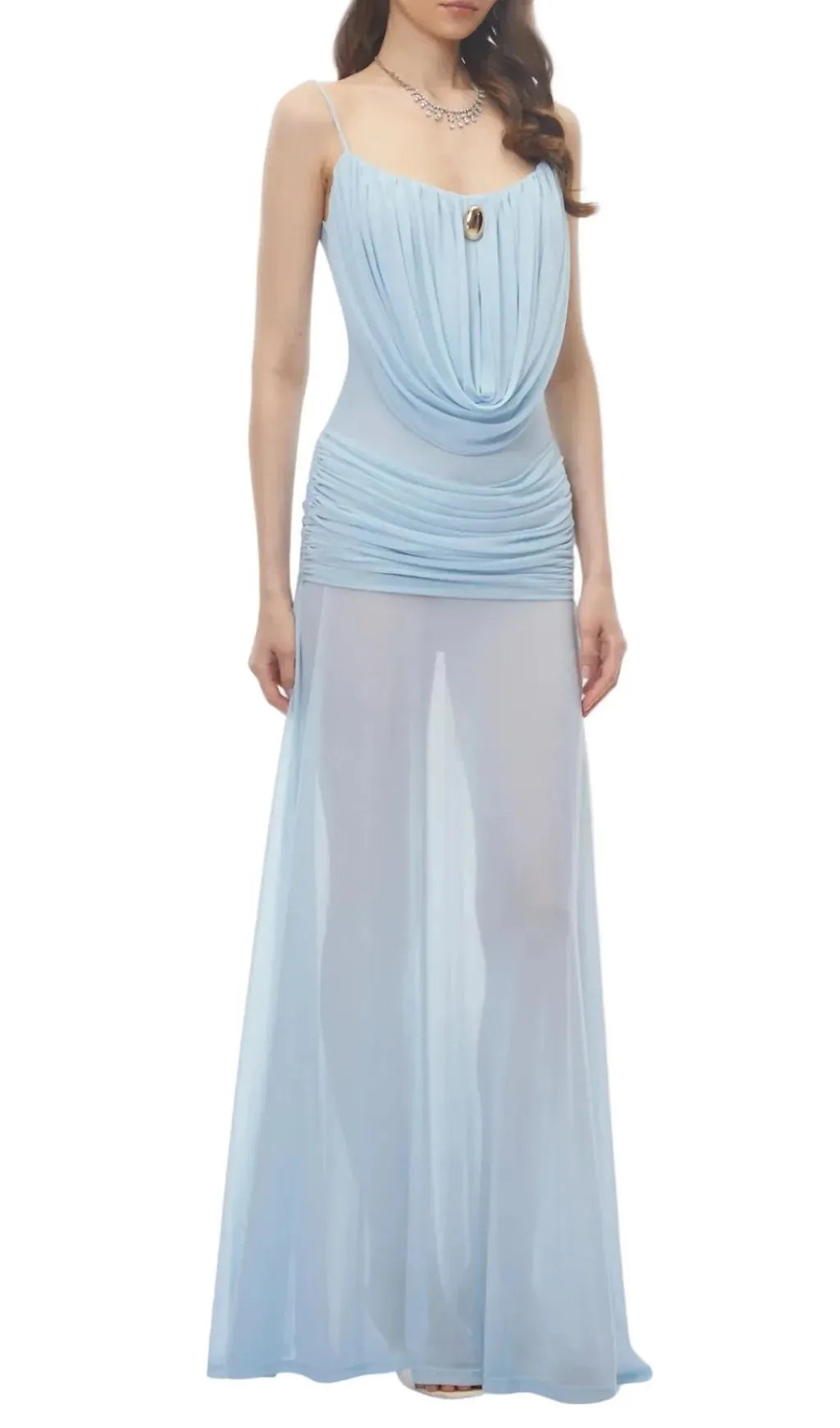 Neraos Draped Ruched Maxi Dress - Blue Flowering Girl