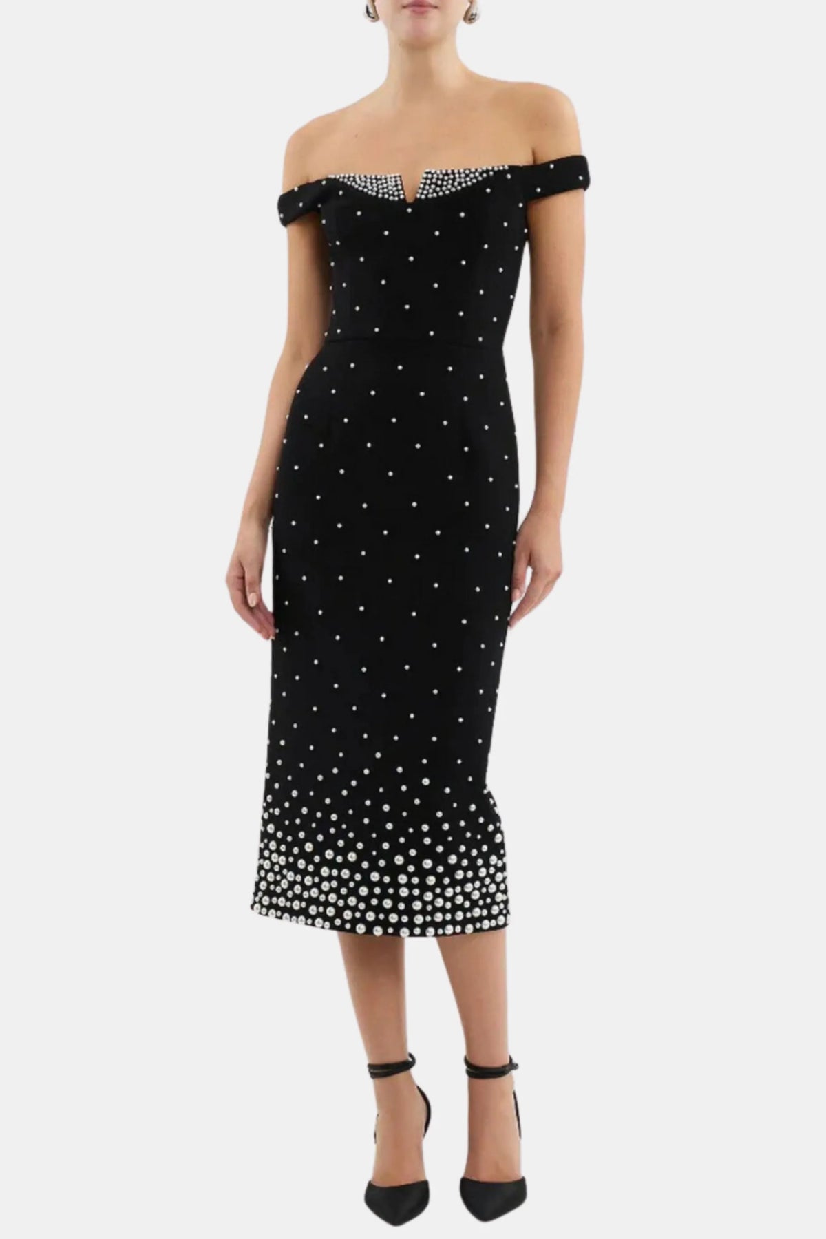 Pearl Polka Dots Embellished Midi Dress In Black Flowering Girl