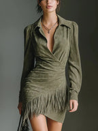 Olive Green Faux Suede V-Neck Wrap Mini Dress Flowering Girl