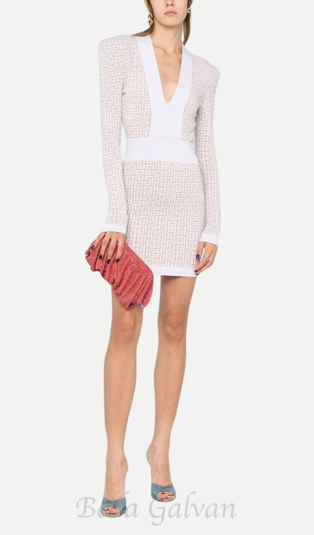 monogram-pattern long-sleeve dress in beige Flowering Girl
