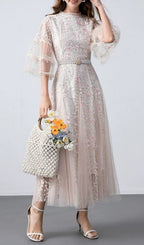 Flower Mesh Midi Dress In Apricot Flowering Girl