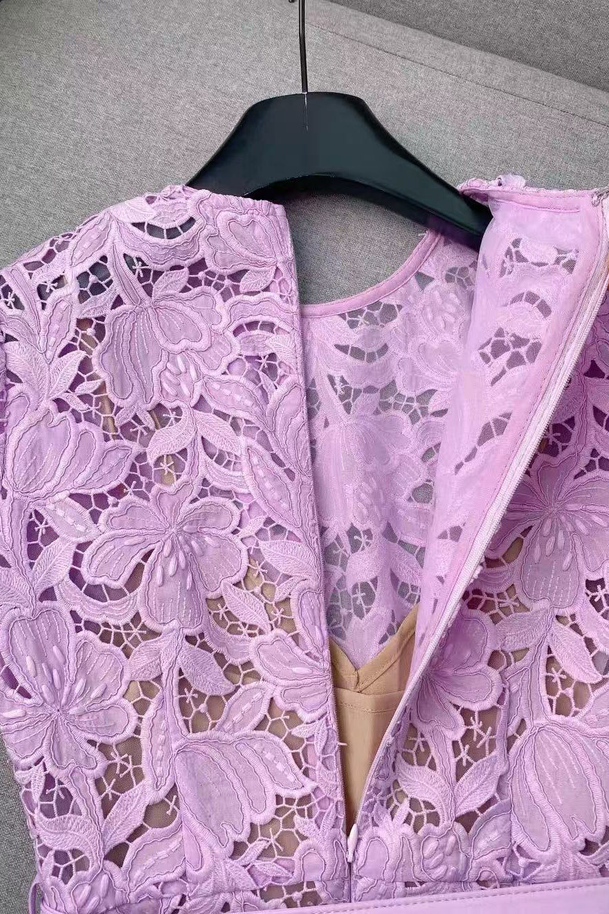 Lilac Short Sleeve Floral Lace Midi Dress Flowering Girl