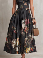Black Keyhole Collar Floral Pleated Satin Midi Dress Flowering Girl