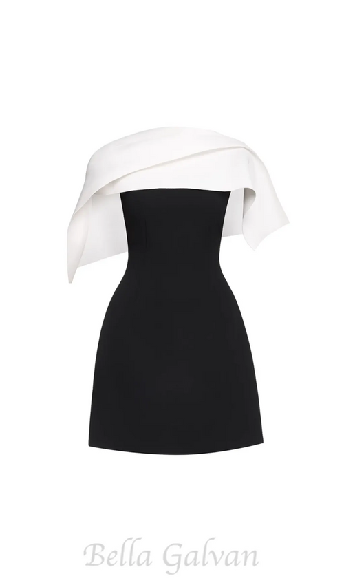 A-line black mini dress with asymmetrical shoulder pleat Flowering Girl