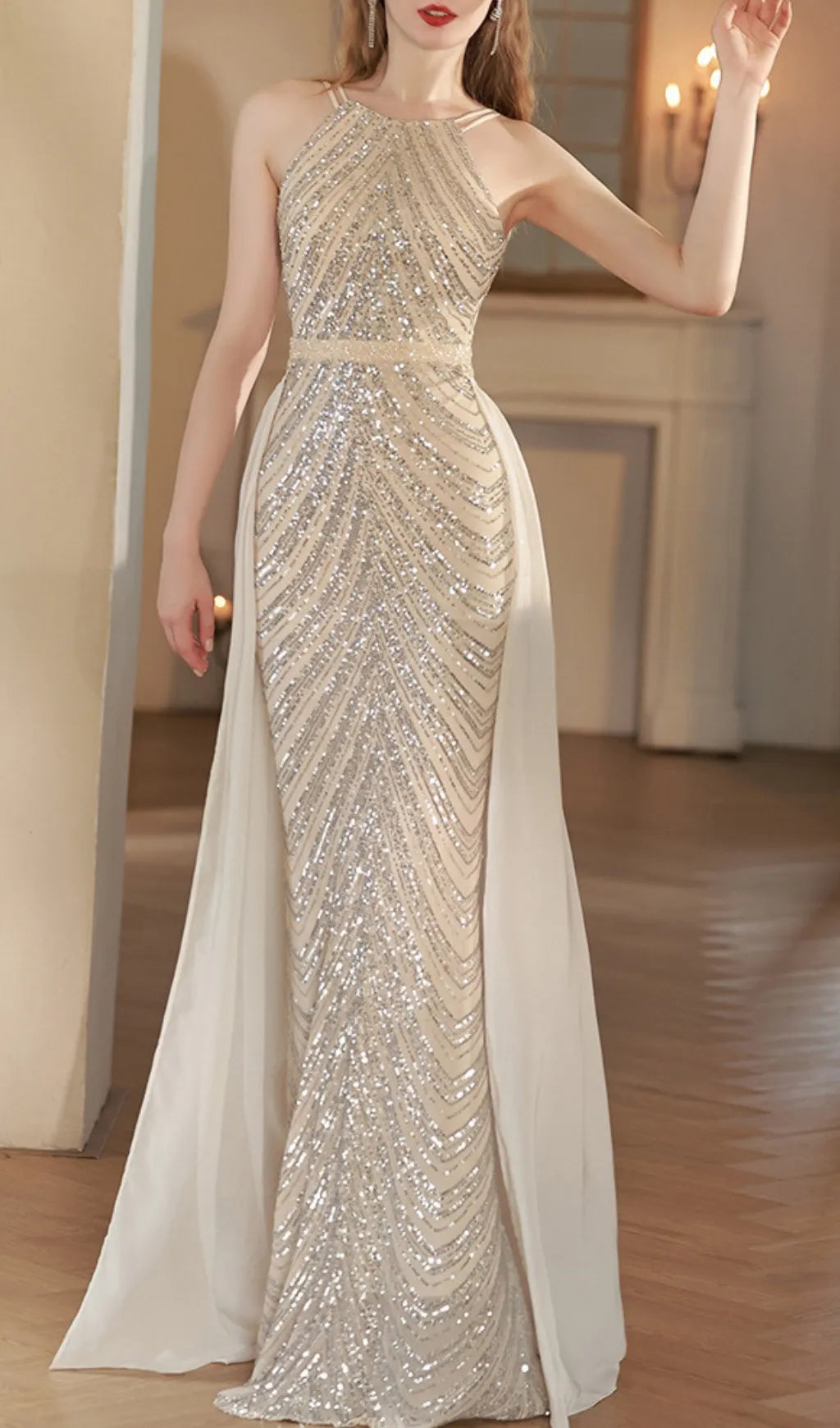Colombe Champagne Halter Sequin Maxi Dress Flowering Girl
