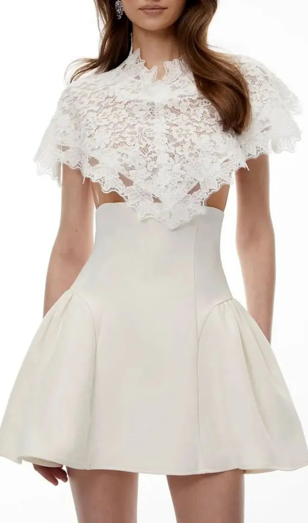 Mandana White Lace Mini Dress with Cape Flowering Girl