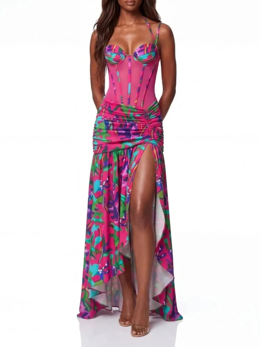 Juvelli Split Ruched Ruffle Maxi Dress Flowering Girl