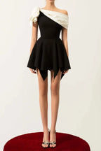 Bow One-Shoulder Mini Dress In Black Flowering Girl