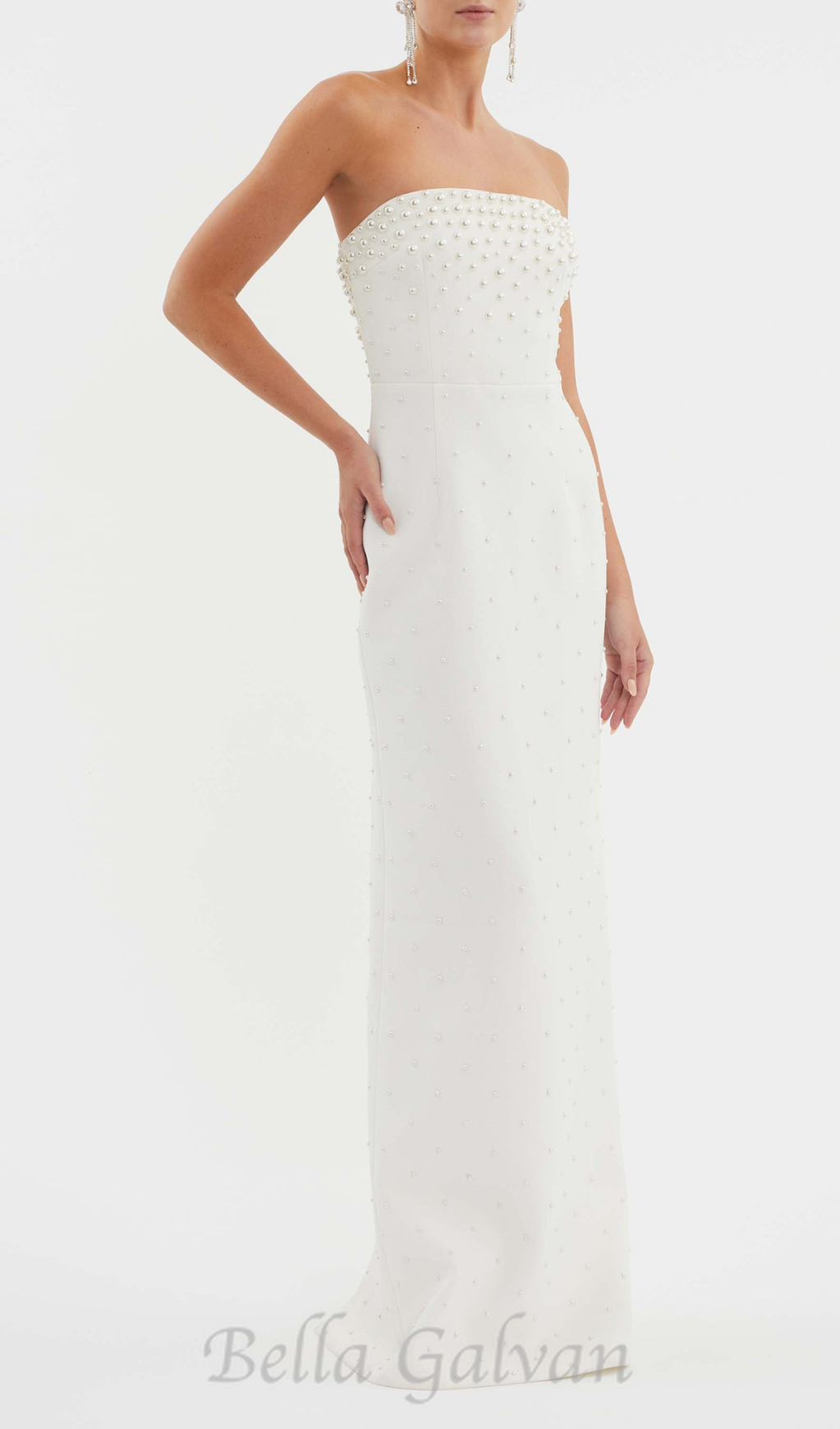 pearl-embellished strapless gown in white Flowering Girl