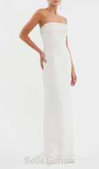 pearl-embellished strapless gown in white Flowering Girl