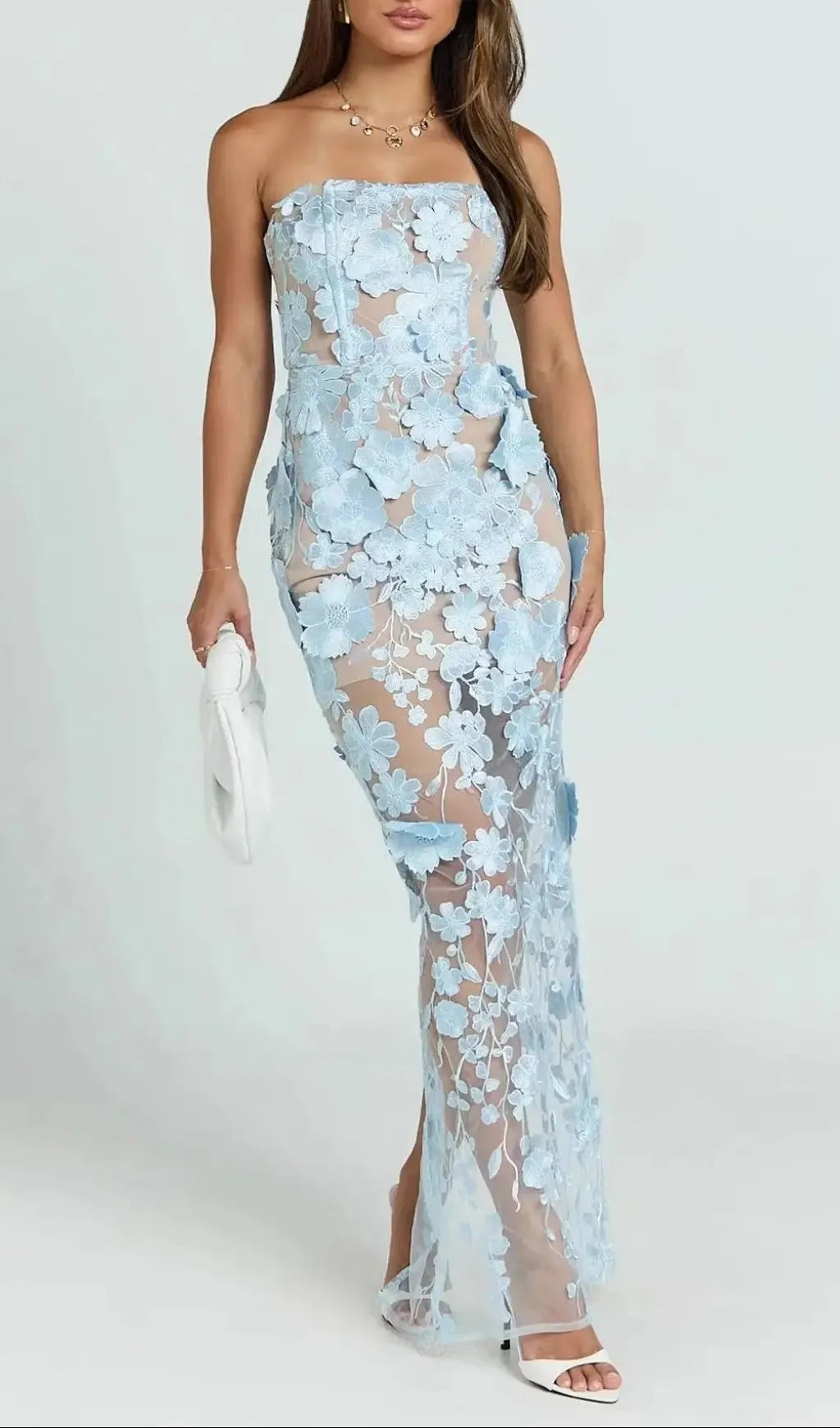 Strapless 3D Floral Mesh Maxi Dress Flowering Girl