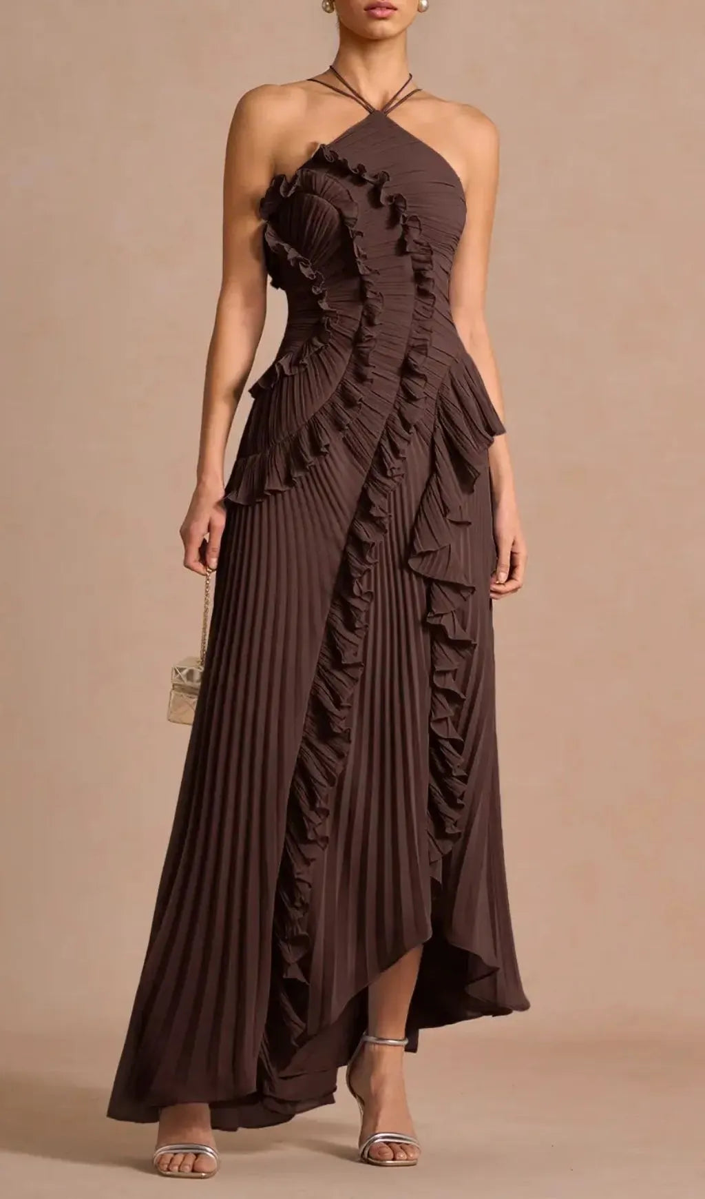 Finneas Brown Halter Pleated Maxi Dress Flowering Girl