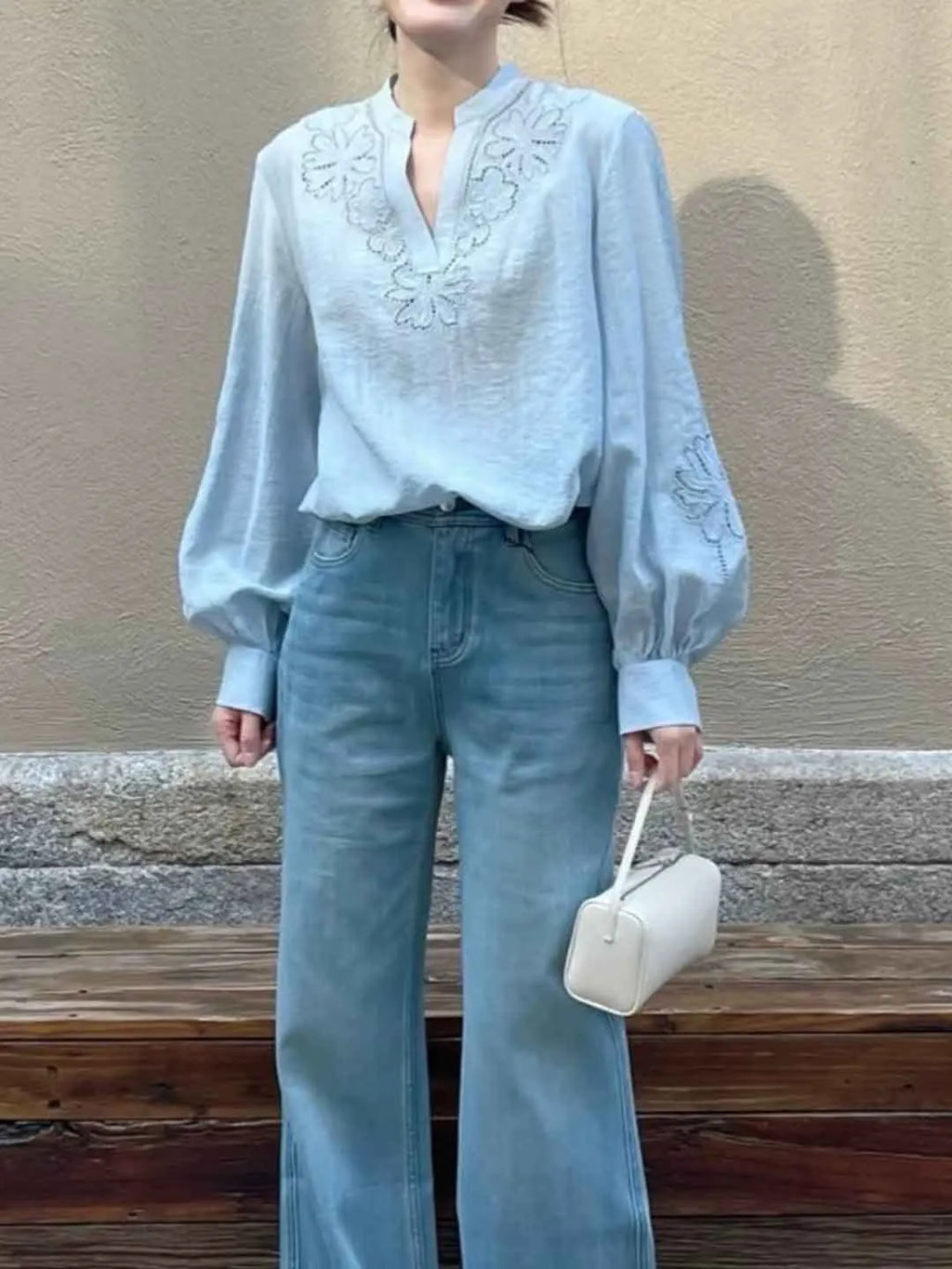 Sharon Loose V-Neck Hollowed Top Flowering Girl