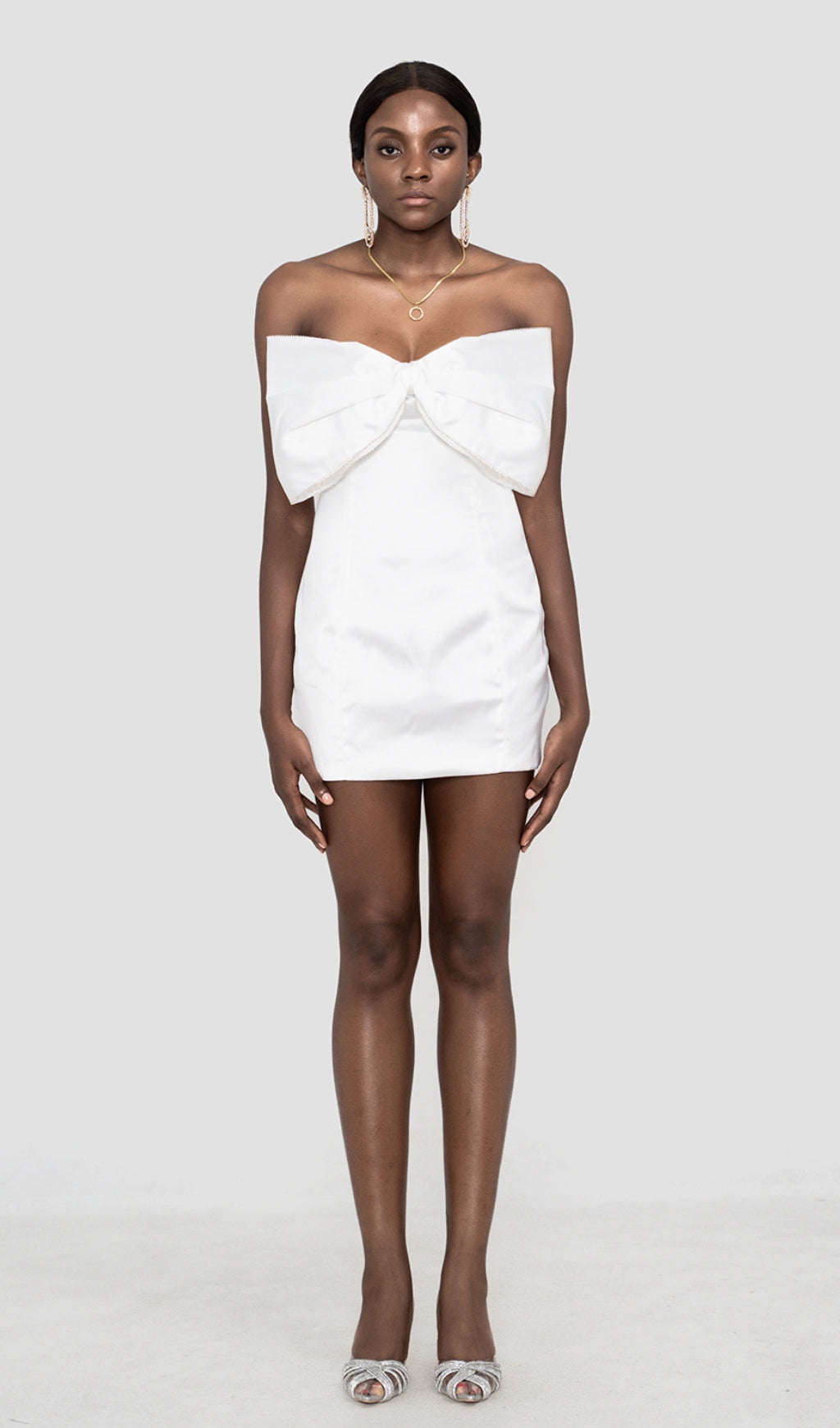 SATIN CRYSTAL EMBELLISHED BOW DRESS IN WHITE Flowering Girl