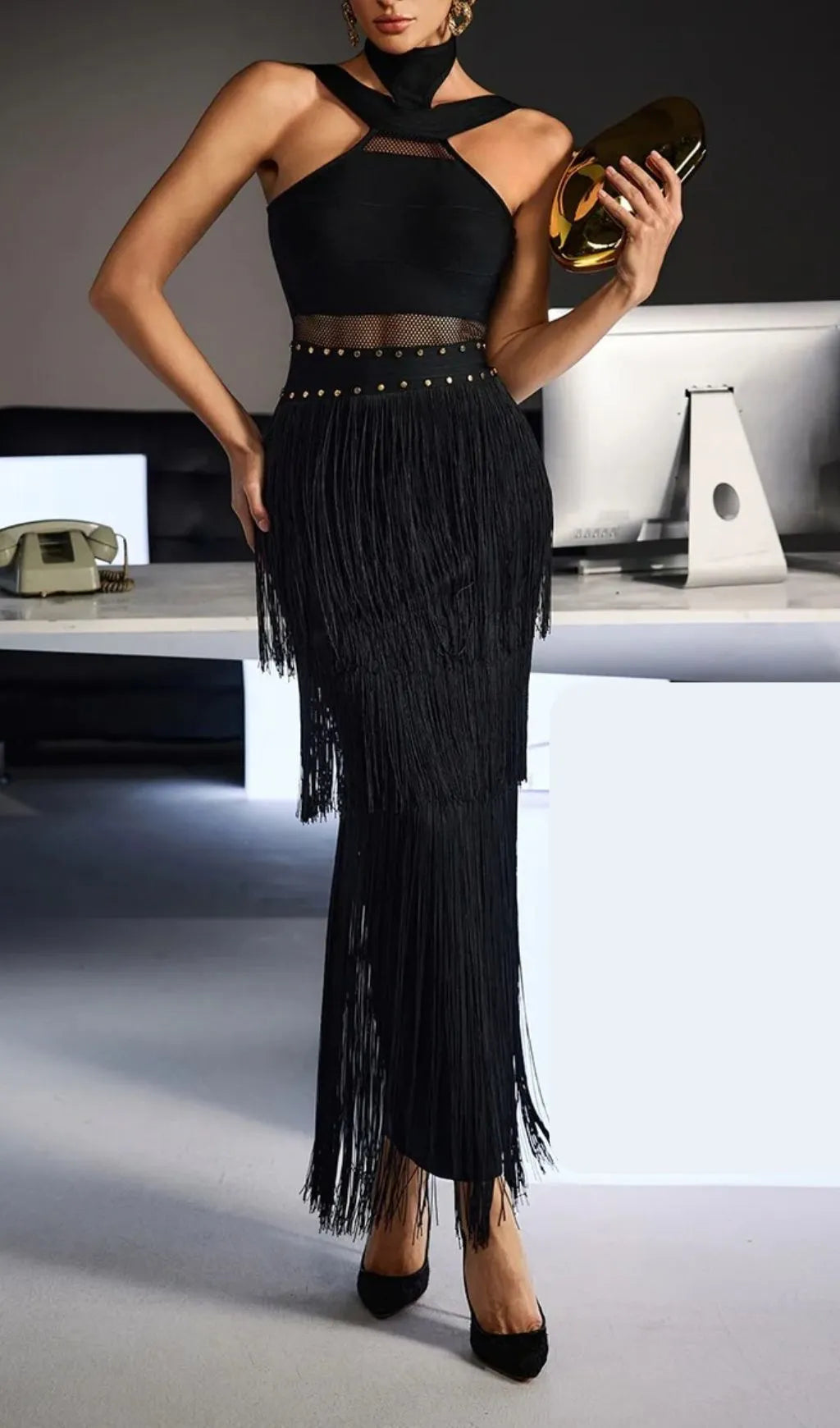 Fermin Black Halterneck Bandage Fringe Midi Dress Flowering Girl