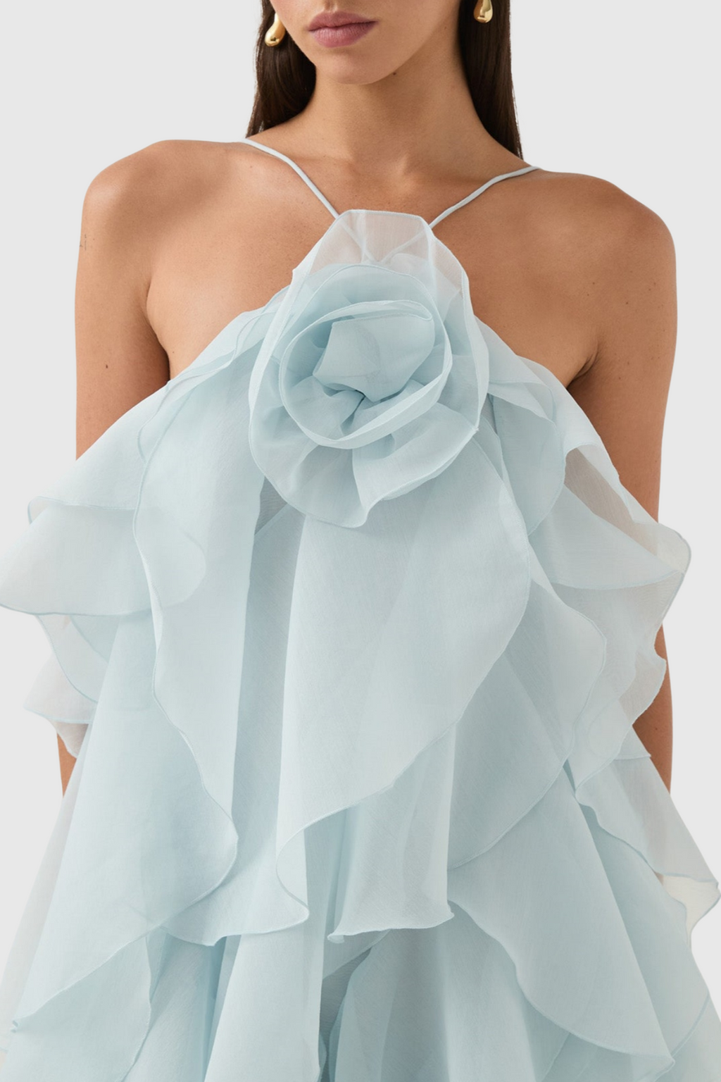 Caysie Halter Floral Ruffle Layered Maxi Dress in Blue Flowering Girl