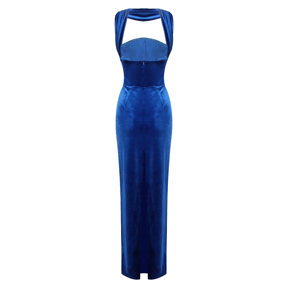 josephine off-shoulder velvet sash gown in blue Flowering Girl