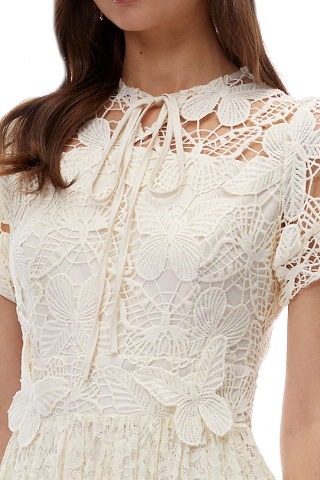 Cream Lace Tie Neck Short Sleeve A-Line Midi Dress Flowering Girl