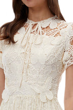 Cream Lace Tie Neck Short Sleeve A-Line Midi Dress Flowering Girl