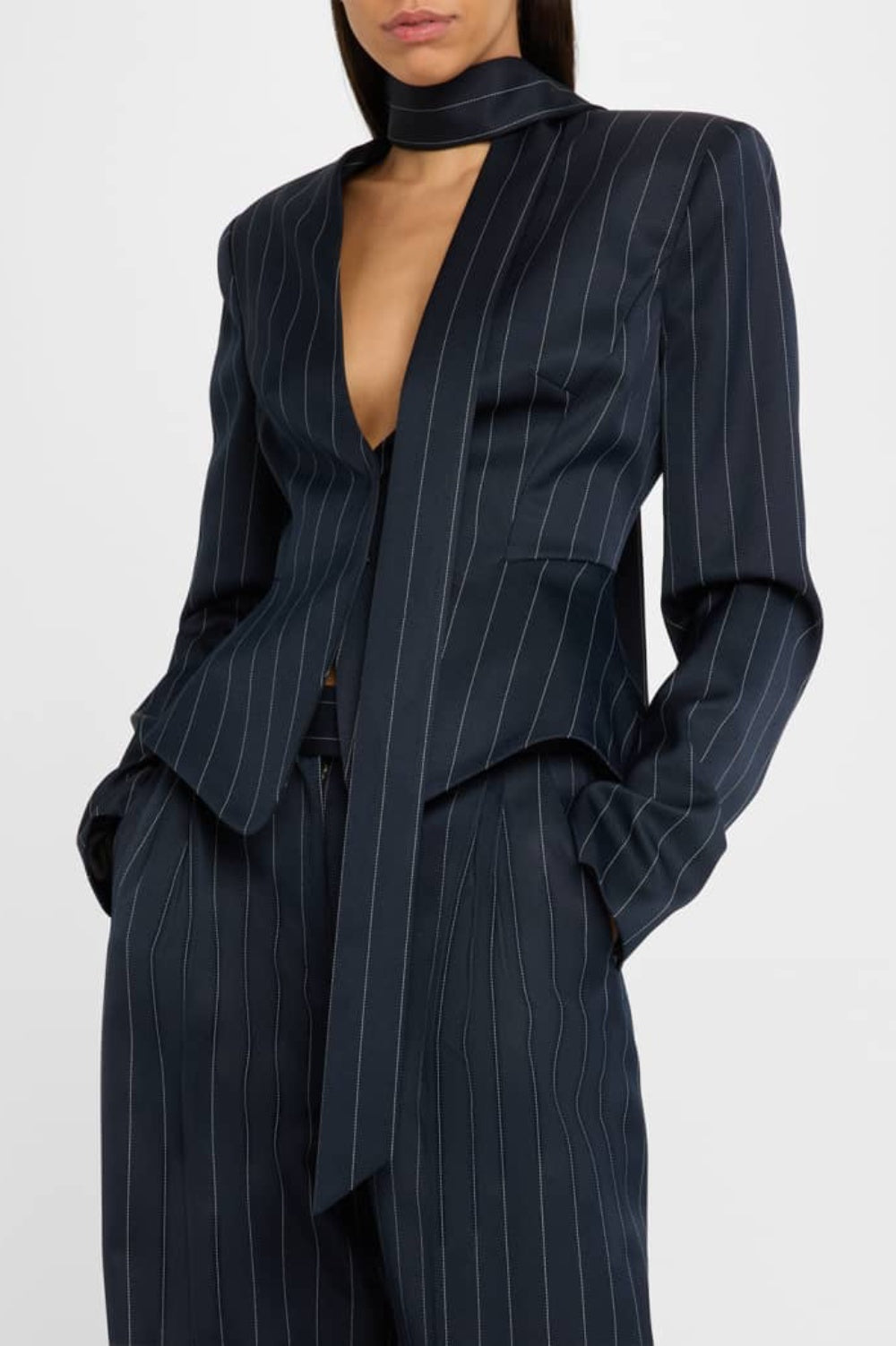 Hibyl Pinstripe Scarf Blazer in black Flowering Girl