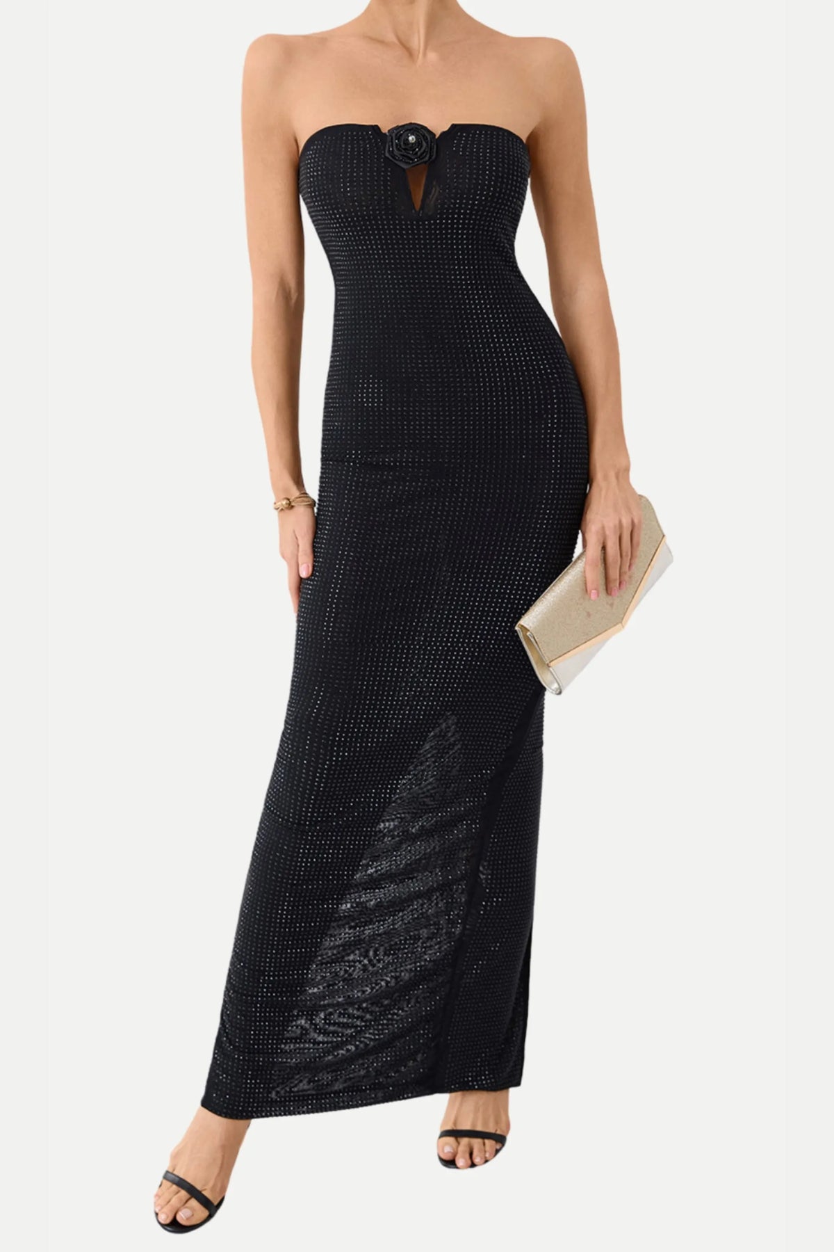 Strapless Rhinestone Rose Maxi Dress In Black Flowering Girl