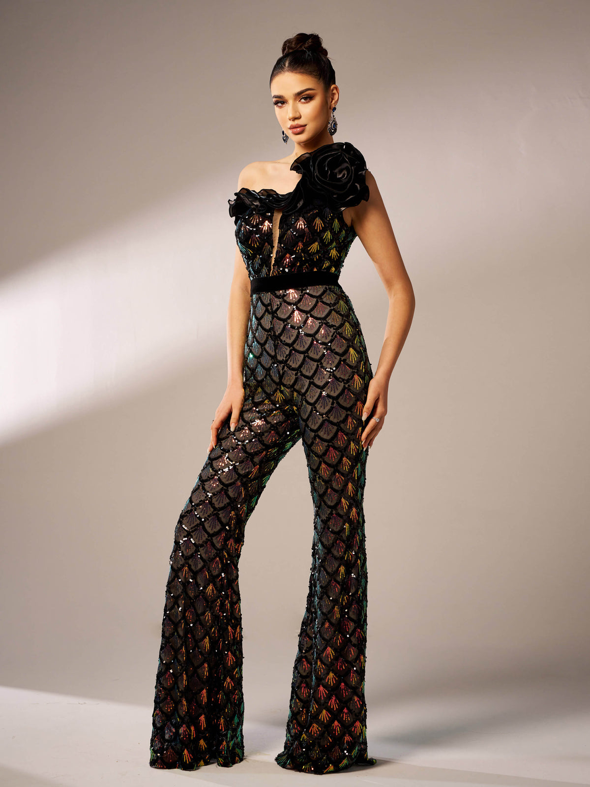 Mermaid Scale Floral One-Shoulder Sequin Jumpsuit Flowering Girl