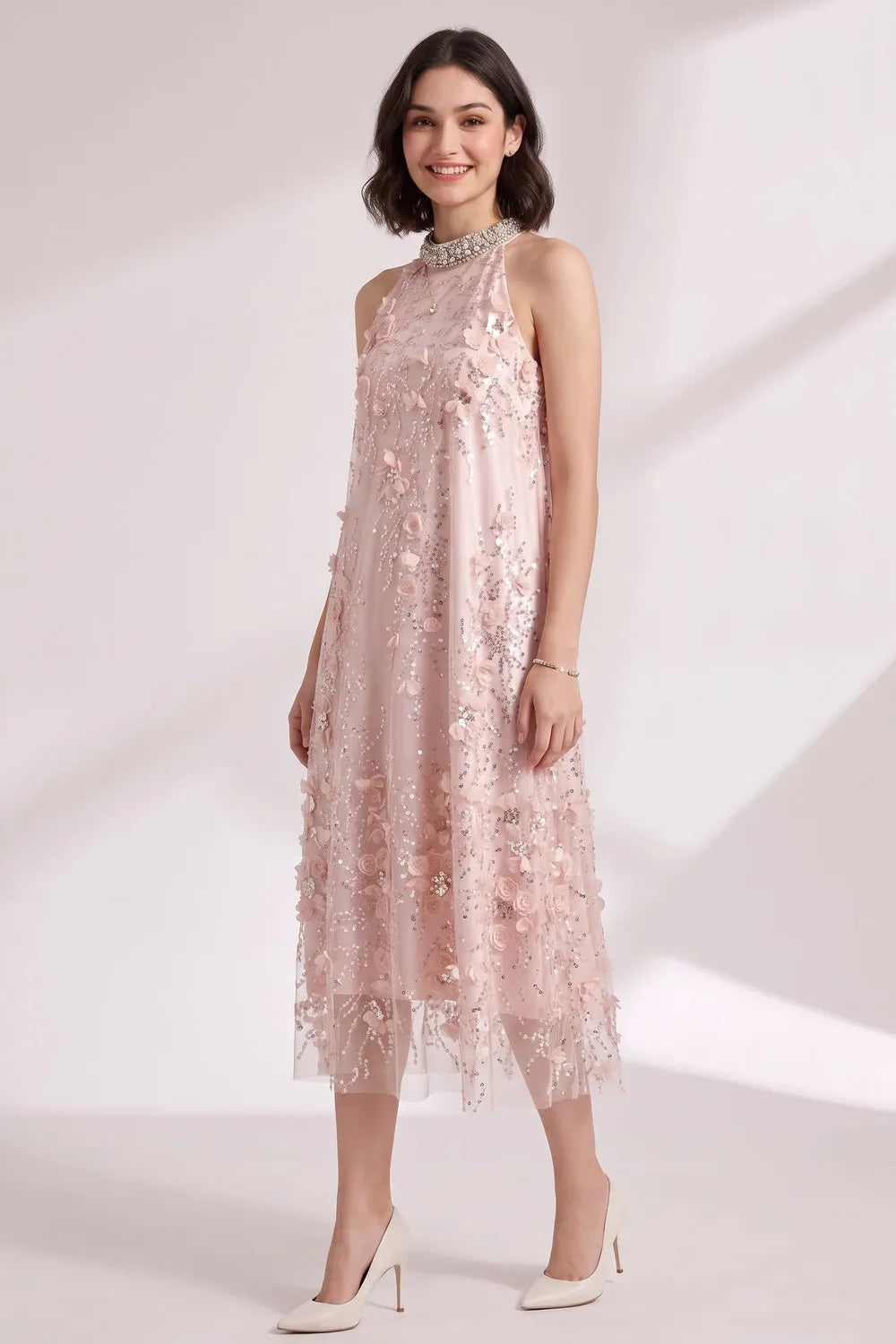 Blush Pink Tulle Mesh A-Line Shift Dress with Floral Embellishment Flowering Girl