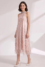 Blush Pink Tulle Mesh A-Line Shift Dress with Floral Embellishment Flowering Girl