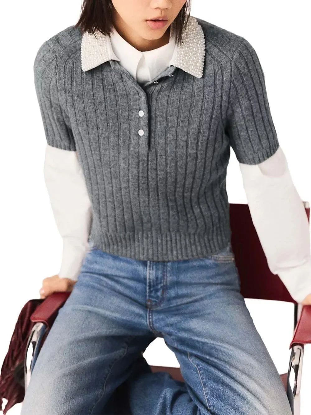 Beaded Collar Ribbed Sweater Flowering Girl