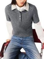 Beaded Collar Ribbed Sweater Flowering Girl
