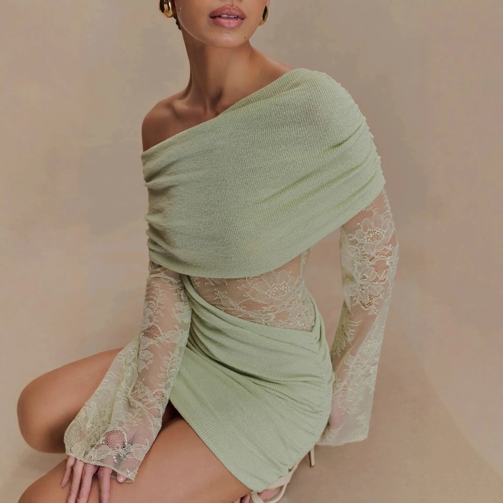 Matcha Lace Strapless Spliced Knitted Mini Dress Flowering Girl