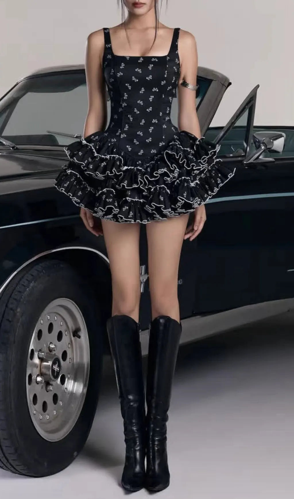 Erela Black Printed A-Line Mini Dress Flowering Girl
