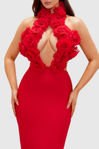 Datherine Floral Appliqué Halter Maxi Bandage Dress - Red Flowering Girl