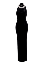 Embroidered Velvet Halterneck Maxi Dress In Black Flowering Girl