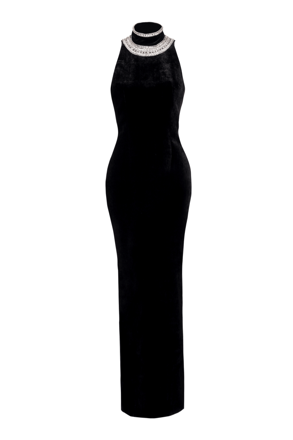 Embroidered Velvet Halterneck Maxi Dress In Black Flowering Girl