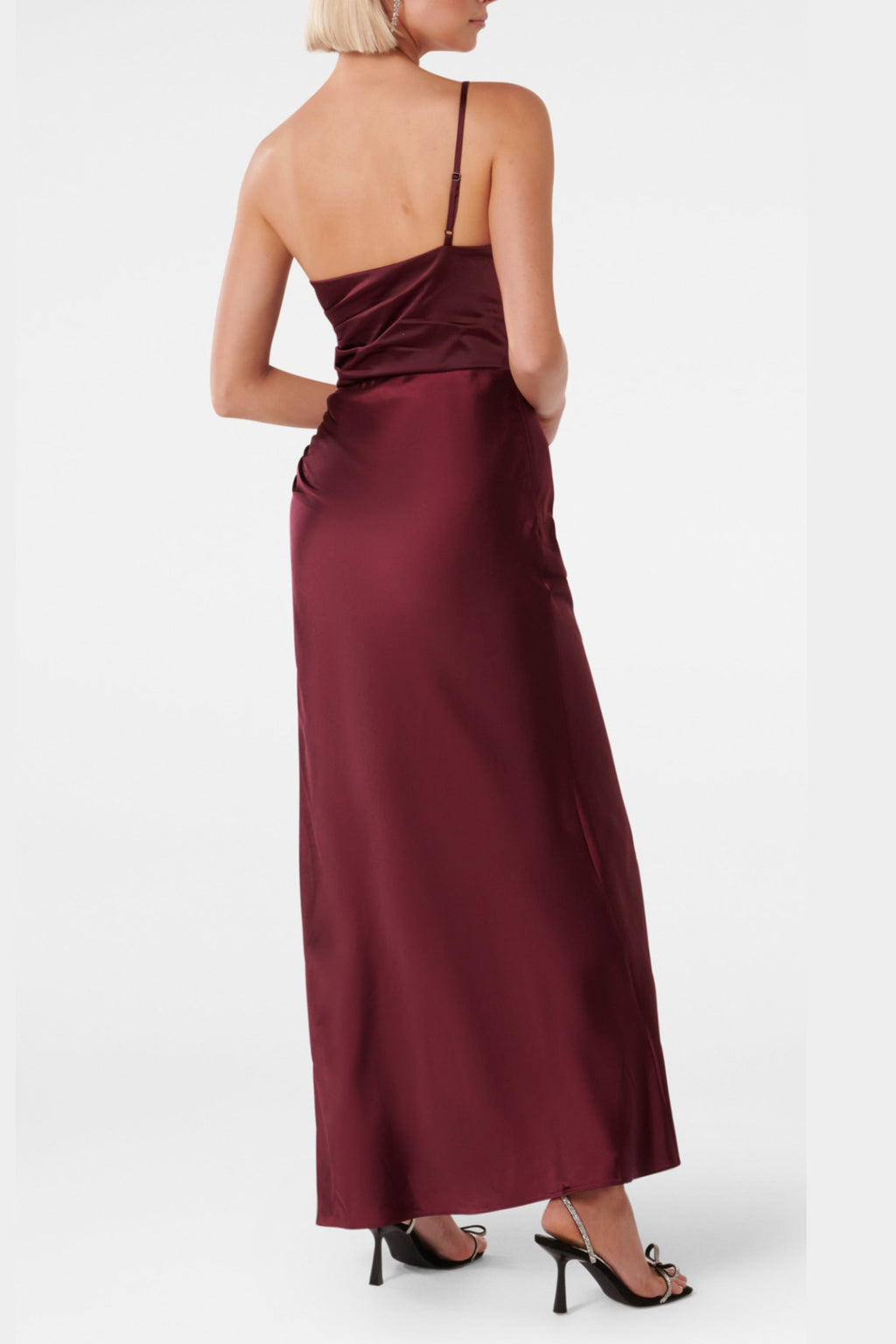 Bordeaux One Shoulder Satin Maxi Dress Flowering Girl