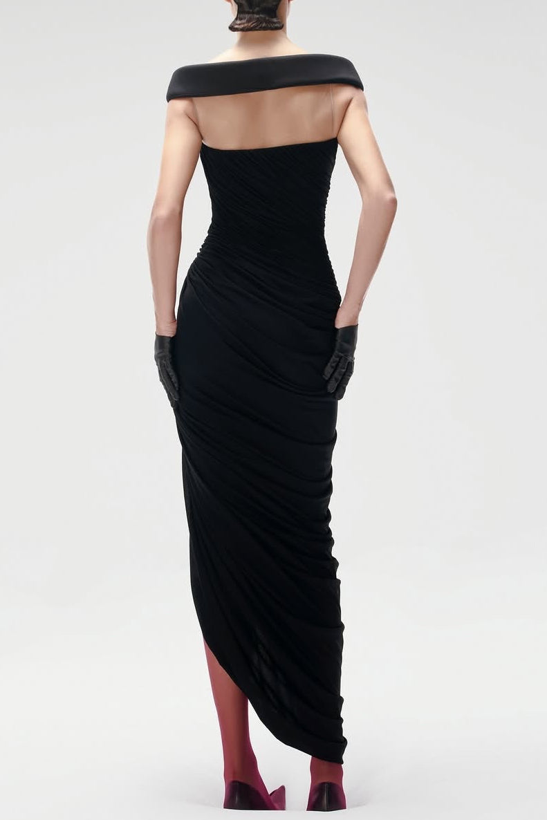 Lola Black Off-Shoulder Asymmetrical-Draped High Slit Maxi Dress Flowering Girl